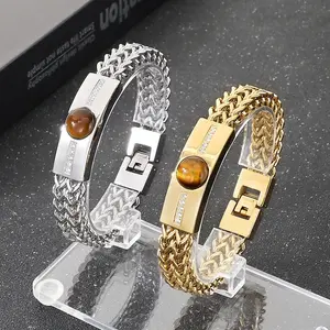 Hip-Hop Diamond-Embedded Jewelry European American Style Retro Reversible Chain Tiger's Eye Stone Curved Pendant Titanium Steel Men's Bracelet