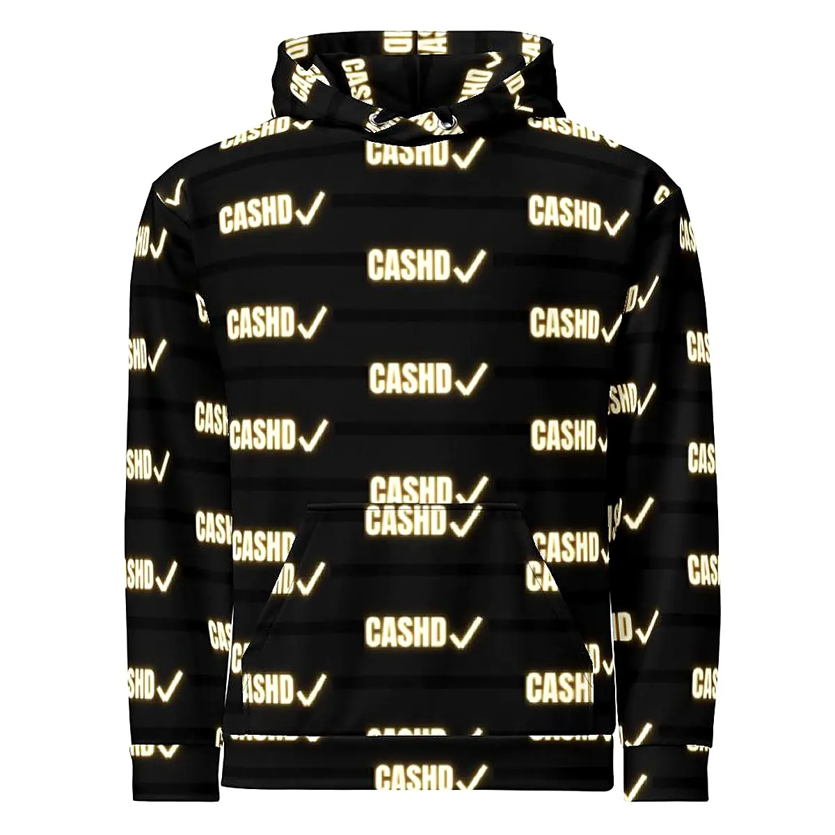 Men's Unisex CASHD Checkmark All-Over Print Hoodie - Black & Gold Glow Streetwear Pullover