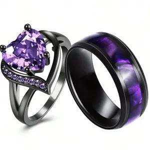 Purple Heart Couple Rings, Romantic Heart Design Stainless Steel Rings, Wedding Engagement Rings, Valentine Jewelry Gifts