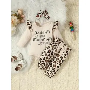 Girls' Letter Print Long Sleeve Romper Set with Pants, Includes Headband, Cute Casual for Kids, Perfect for Daily Wear, Baby Clothing