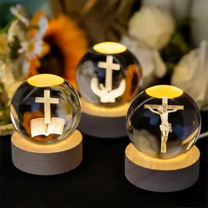 3D Jesus Cross Crystal Ball Night Light | Laser Engraved Bible Praying Hands Wooden Base | Christian Religious Home Bedroom Decor | Inspirational Spiritual Gift for Men Women | For Baptism Communion Easter Mother's Day Prayer & Religious Holidays