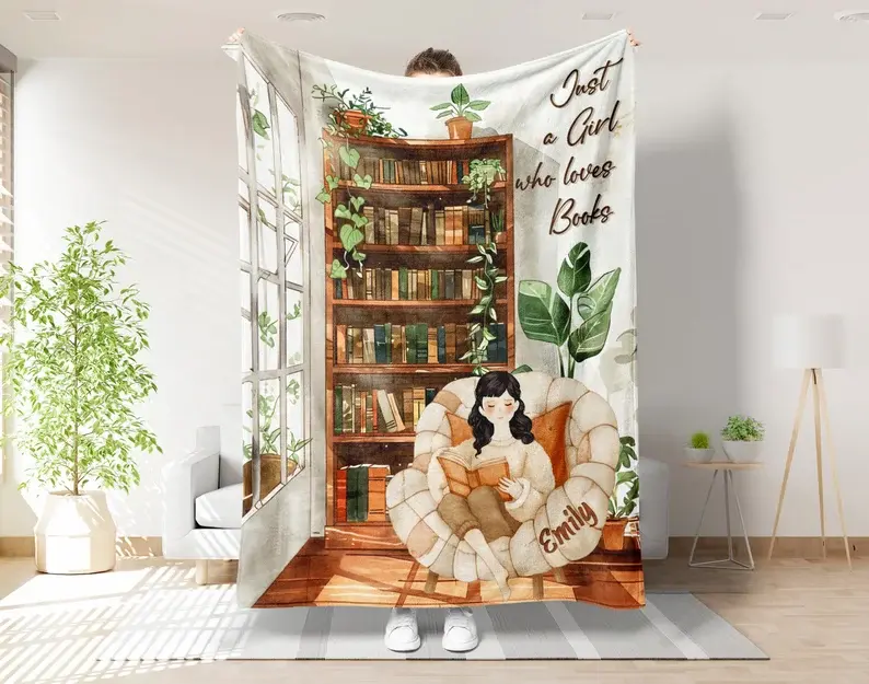 Just A Girl Who Loves Books Blanket, Custom Book Girl Blanket, Personalized Reading Blanket, Bookshelf Blanket, Reading Christmas Gift Blanket Gift Idea Home Party Holiday Decor Christmas and Halloween and Birthday