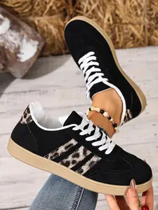 Women's Coffee Brown Suede & Beige Leopard Print Retro Sneakers Lace-Up Gum Sole Casual Trainers Daily Outdoor Walking Lifestyle Shoes Fashion Mixed-Pattern Footwear