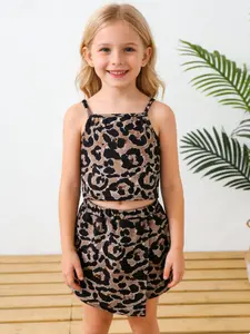 Tween Girls Cool Leopard Print Casual Top and Irregular Leopard Skirt Set, Stylish and Comfortable for Daily Wear