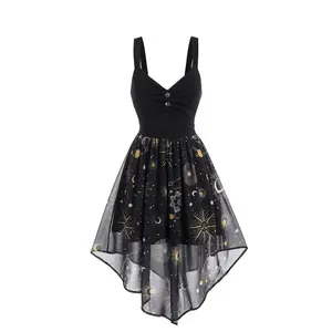 Women’s starry moon print vest, retro elegant sleeveless A-line skirt, suitable for parties and vacations, women’s summer wear, women’s clothing, formal wear GARMENTARY