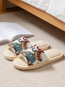 Women's Cartoon Bear Linen Slippers, Sole Bear Letter Print, Sweat-Wicking Breathable Non-Slip Silent, All-Season Home Shoes