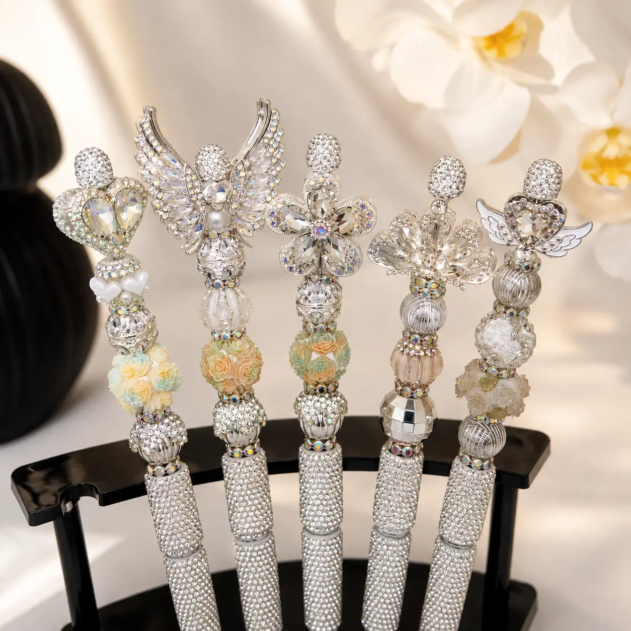 Women's 5PCS Handmade Crystal Beads Ballpoint Pens Gift Set with Elegant Box - Creative Stationery, Unique Pens, Cute Sparkle Office Writing Tool for DIY Beading & Jewelry Making