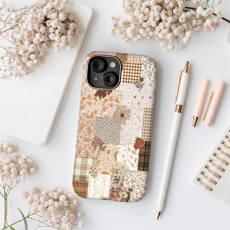 Retro Flower Plaid Patchwork Shockproof Polycarbonate Cellphone Casing - Durable, Glossy Finish Cover for iPhone 11,X,12,13,14,15,16,16 Plus,17 Pro Max,18 Pro Max & Samsung Devices - Cute Phone Accessory, Ideal Holiday Gift