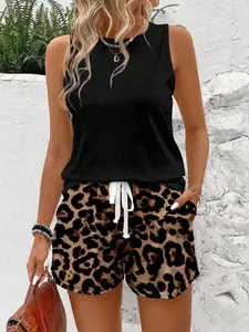 Women's Fashion Vest + Leopard Print Shorts Set, Casual Loose Fit Home Wear, 2 Piece for Daily Use