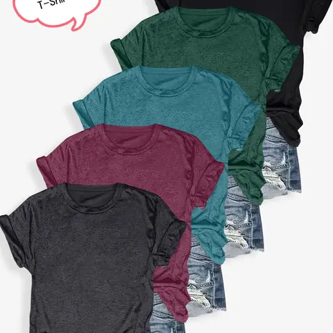 Women's Solid Color Round Neck Tee, Casual Fitted Short Sleeve Basic T-Shirt Top for Summer Daily Wear, 5 Pieces Per Pack, Ladies' Clothes