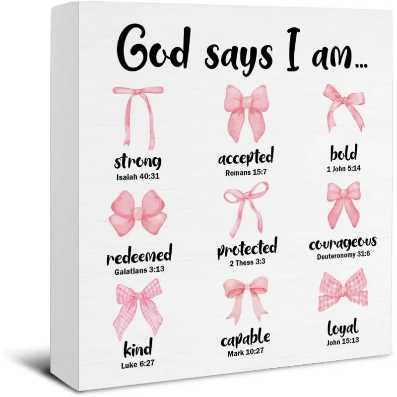 Girls Room Decor - Inspirational Signs Christian Decorations - Bow Gifts for Girl - God Says I Am Bow Bible Verse Wooden Sign Home Girls Room Nursery Decor - Signage - 5 x 5 Inches Indoor Home Decoration