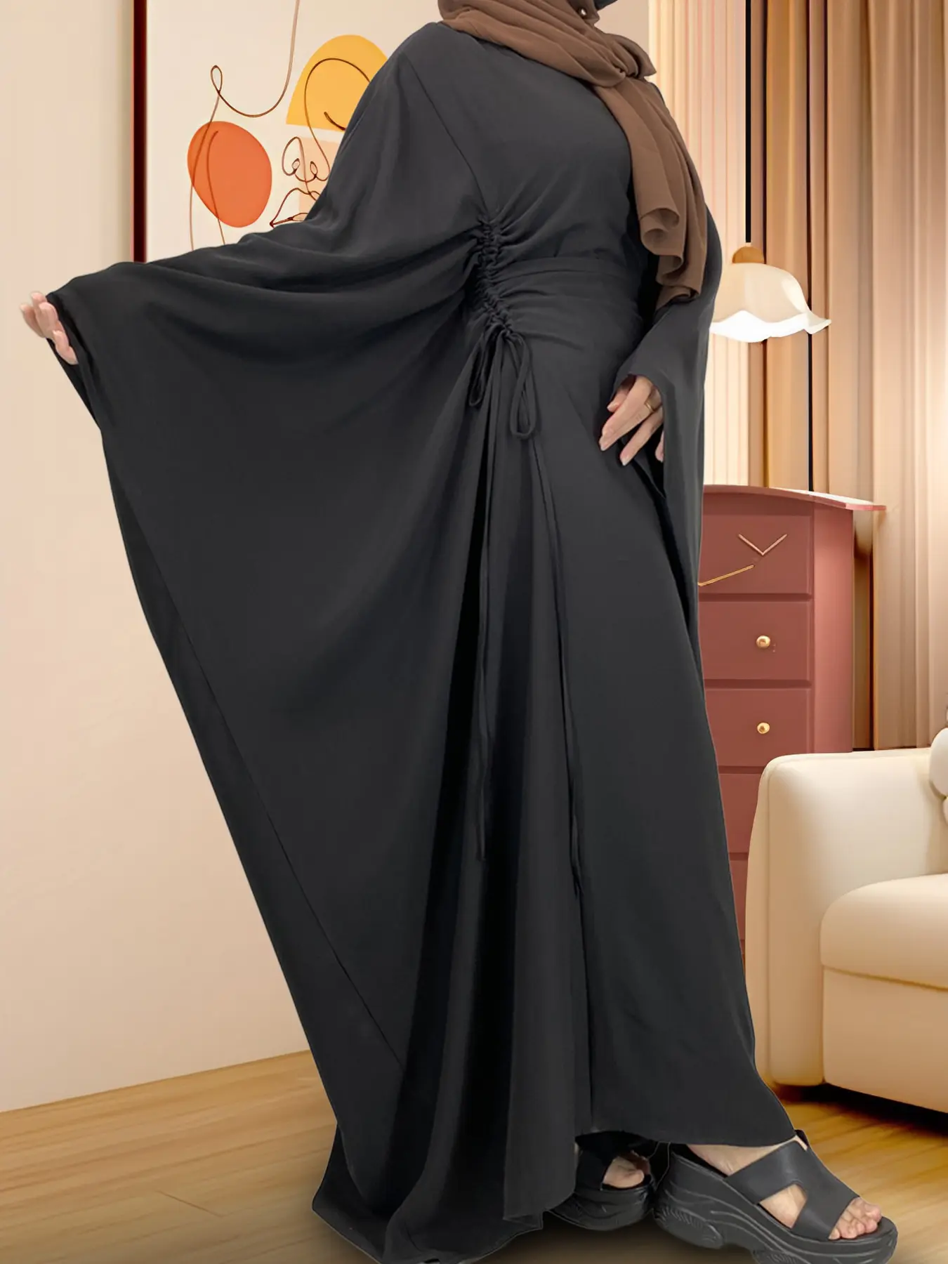 Women's Loose-Fitting Batwing Sleeve Dress, Adjustable Drawstring Maxi Dress for All Seasons, Modest Summer Outfit, Perfect for Ramadan Vacation Wear, Classy Modest Dresses, Modest Islamic Clothing, Modesty Muslim Clothing[No Hijab Included]