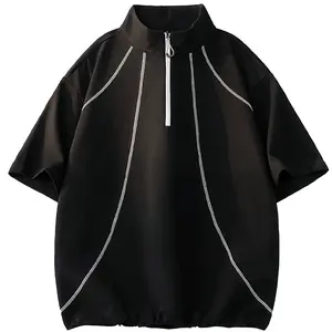 New summer men’s short-sleeve top featuring contrasting colors, a stand collar, quick-dry fabric, and a loose fit; minimalist, refined men’s short-sleeve T-shirt; versatile, trendy loose sports-casual men’s top. #fathersdaygift #SummerWins