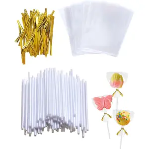 6-inch Plastic Cake Pop Sticks and Bags Kit, White Lollipop Sticks for Candy, Chocolate, Cakepop Accessories including 100 Sticks, 100 Bags, 100 Ties (Gold)