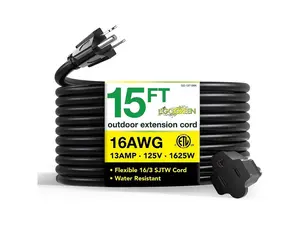 Go Green Power 15' Indoor/Outdoor Extension Cord 16 AWG Black (GG-13715BK)