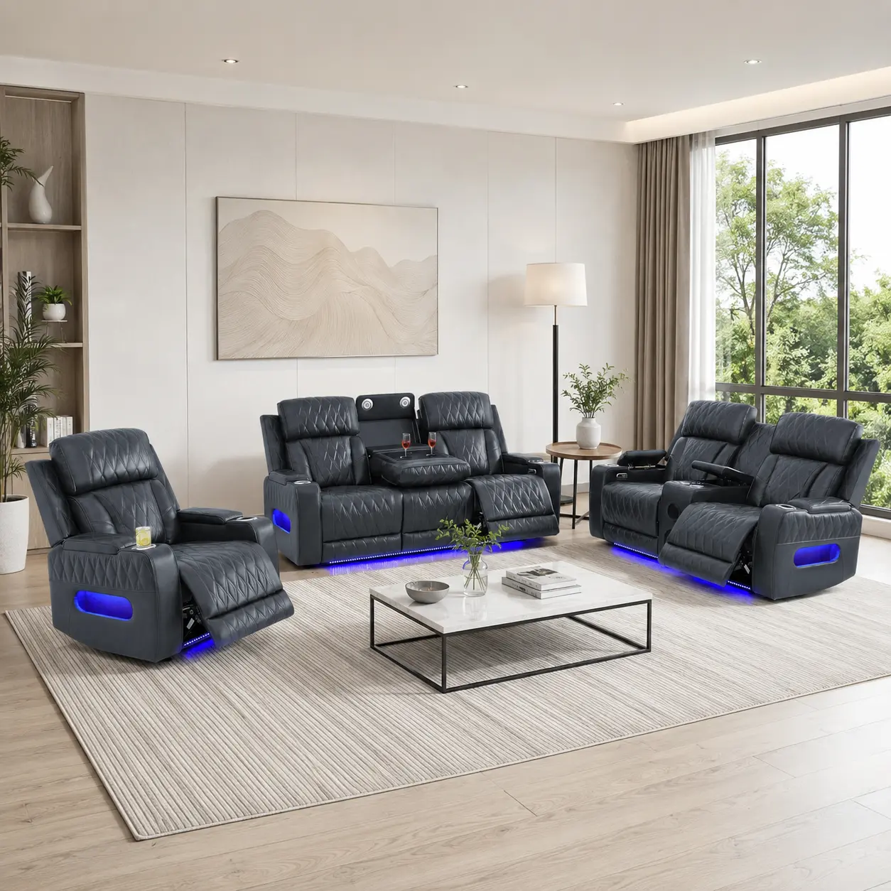 Power Recliner Sofa, Loveseat & Chair Options with Bluetooth Speakers, LED Lights, Wireless Charging, USB/Type-C, Blackish Gray Breathable Leather