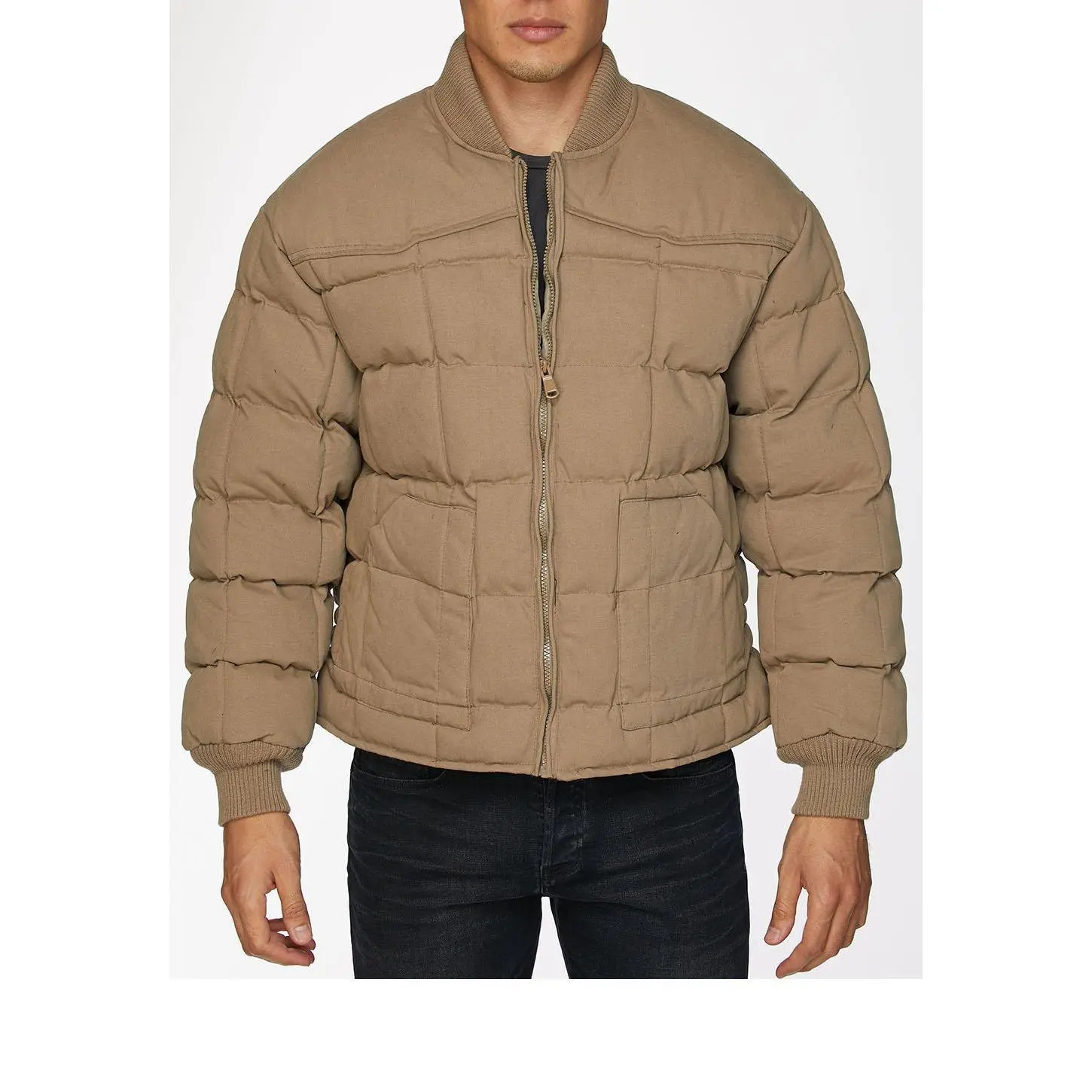 Men's Canvas Quilted Puffer Jacket-ACJ29-Khaki