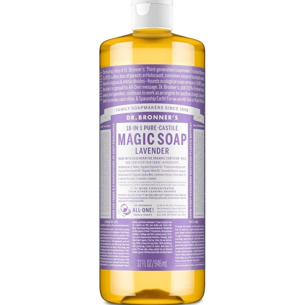 Dr. Bronner's Pure-Castile Liquid Soap, Made with Organic Oils, 18-in-1 Uses: Face, Body, Hair, Laundry, Pets and Dishes, Concentrated, Vegan, Non-GMO, Lavender, 32 Oz