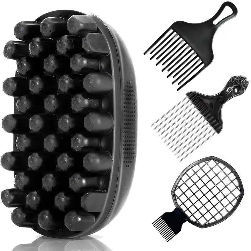 Twist King Eco-Friendly Silicone Twist Styler Hair Grooming Brush Kit for Adult Black Males - 4-Piece Defining Durable Afro Kinky Coily Curl Enhancing Set, Dread Sponge Alternative, Metal Fist Pick, Mesh Comb, Flawless Edges Tool