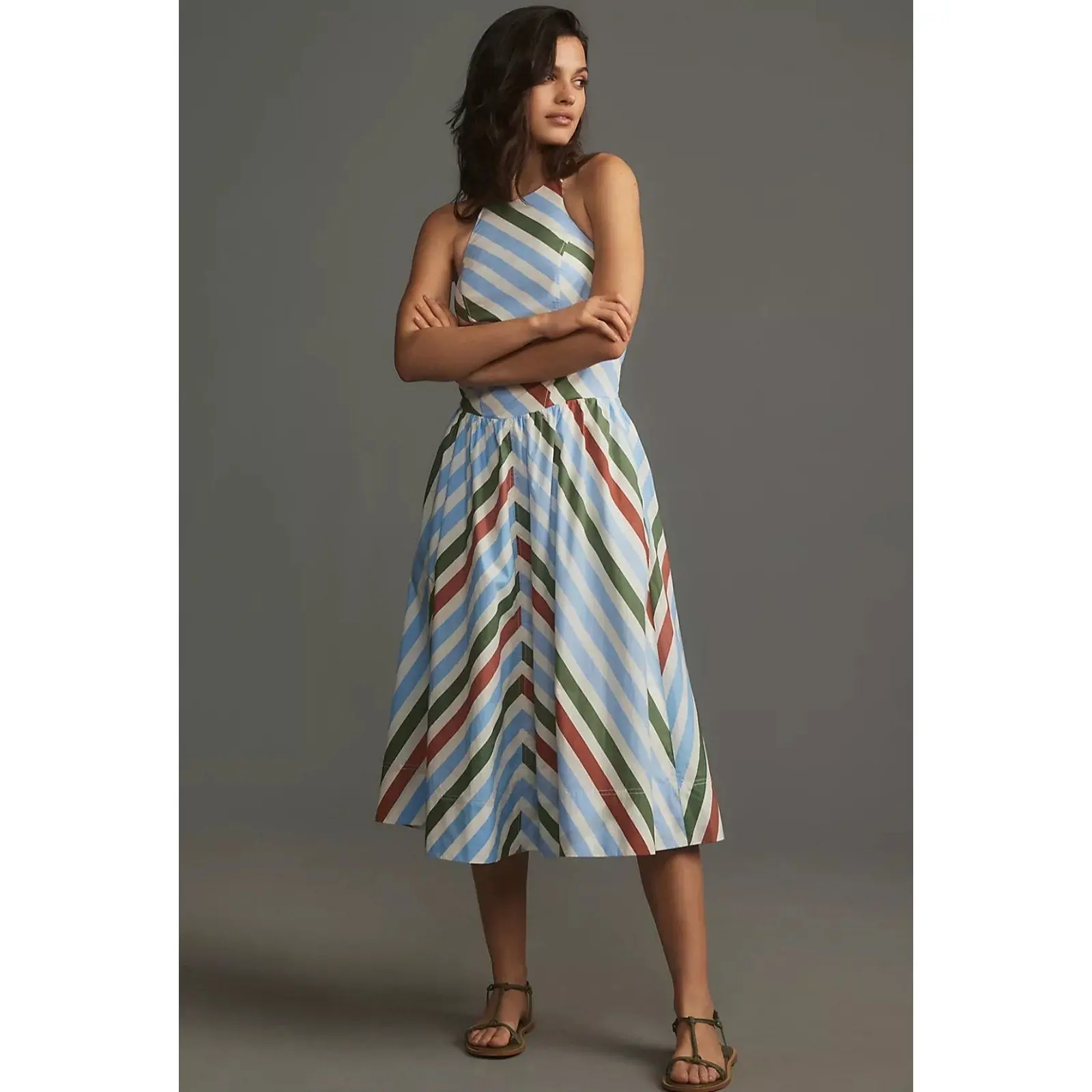 Anthropologie Maeve Halter Midi Sundress XXS Neutral Striped Motif