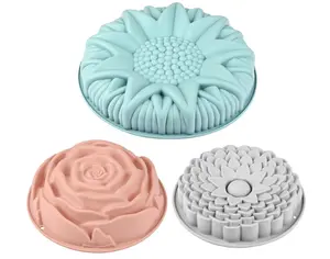 3 Pack Flower Shape Silicone Cake Molds, Large Round Silicone Molds for Baking Cake, Breads, Pies, Tarts (Rose, Chrysanthemum, Sunflower)