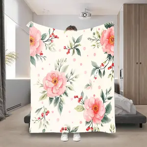 Pink Floral Blanket Suitable For Travel & All- Bedspread - Soft Flannel Bedspread With Watercolor Roses & Green Leaves, Beige/Pink/Green Bedspread For Sofa Or Bed Cover, Elegant Gift For Women, Moms, Birthdays, Contemporary Decor