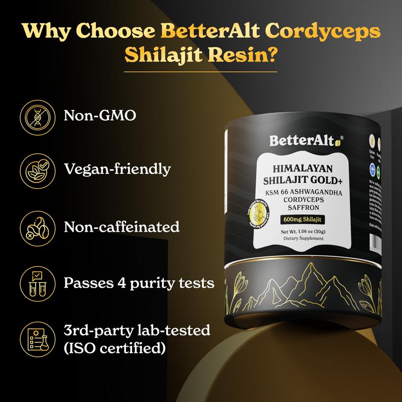 BetterAlt Cordyceps Shilajit Resin | with KSM-66 Ashwagandha, Safed Musli | Lab-tested | Pre-Workout for Muscle Recovery, Performance | 75 Sevings