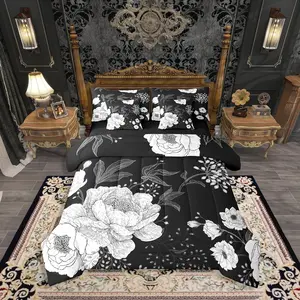 Vintage Floral 7 Pieces Bedding Set,White Flowers Leaves Bed in a Bag,Botanical Floral Bed Set