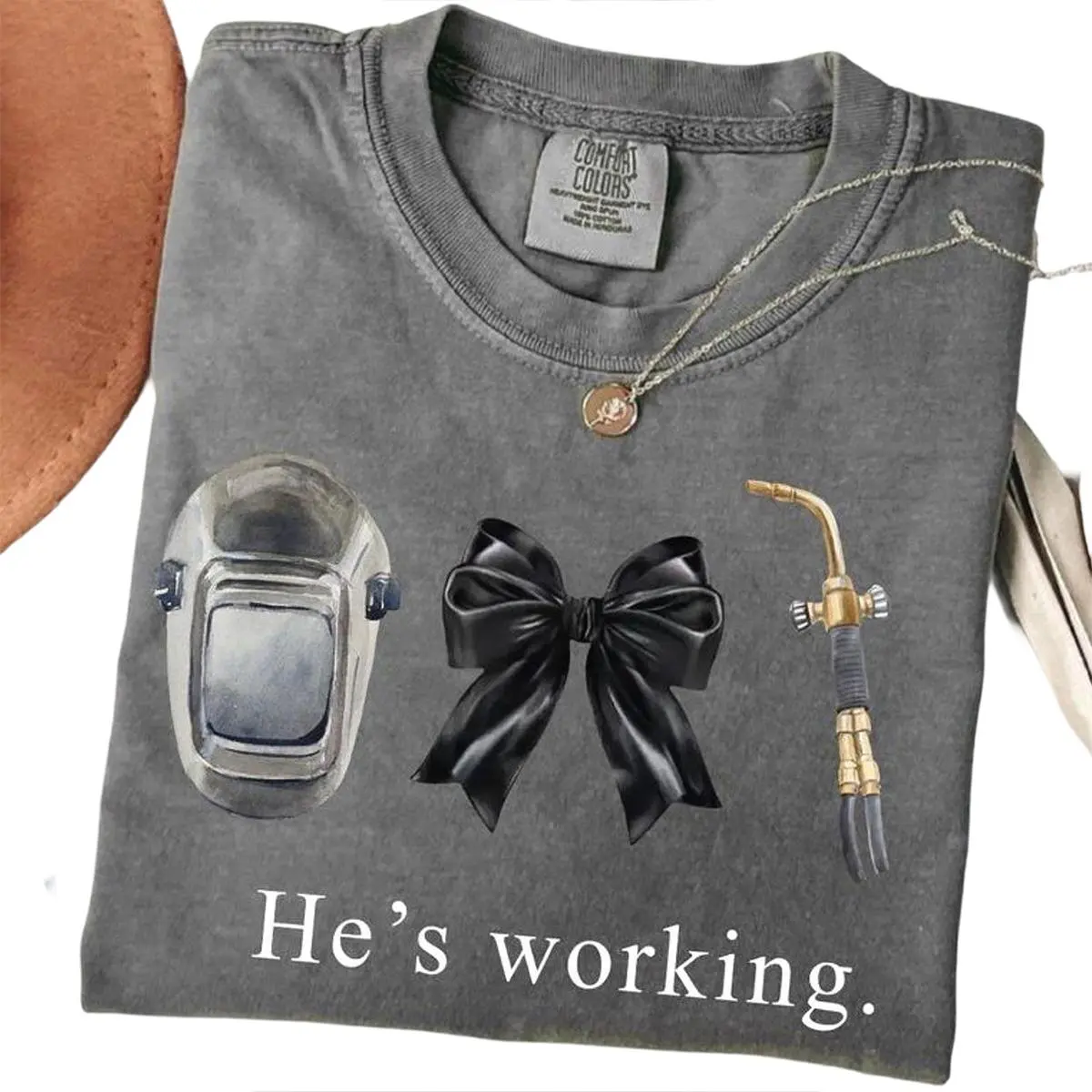 Blue Collar Welder Wife T-Shirt, He’s Working Welding Helmet Graphic Tee, Funny Welder Wife Shirt, Welding Girlfriend Gift
