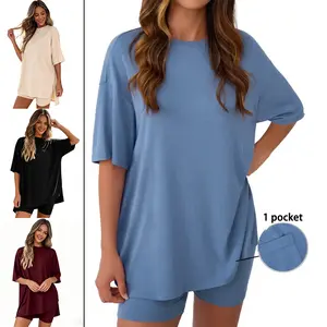 Women's Solid Color T-Shirt and Tight Shorts Loungewear Set with One Pocket, Casual Black Comfortable Round Neck Sleepwear for Summer, Features Pockets and Suitable for Outdoor Wear