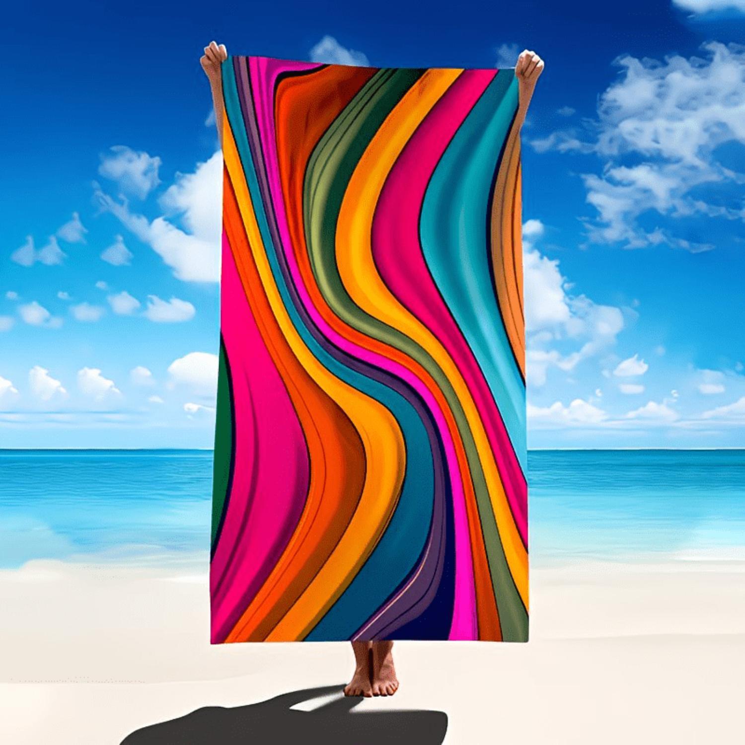 [Tropical Rainbow Wave] Extra Large 1pc Beach Towel - Super Absorbent Quick-Dry Microfiber, Lightweight & Soft, Tropical Rainbow Wave Stripes Design for Beach