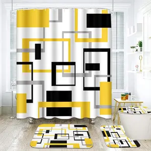Geometric Yellow and Gray Bathroom Set with Shower Curtain Rugs Accessories, Black and Gray Modern Shower Curtain, Yellow Bathroom Decor 4 count