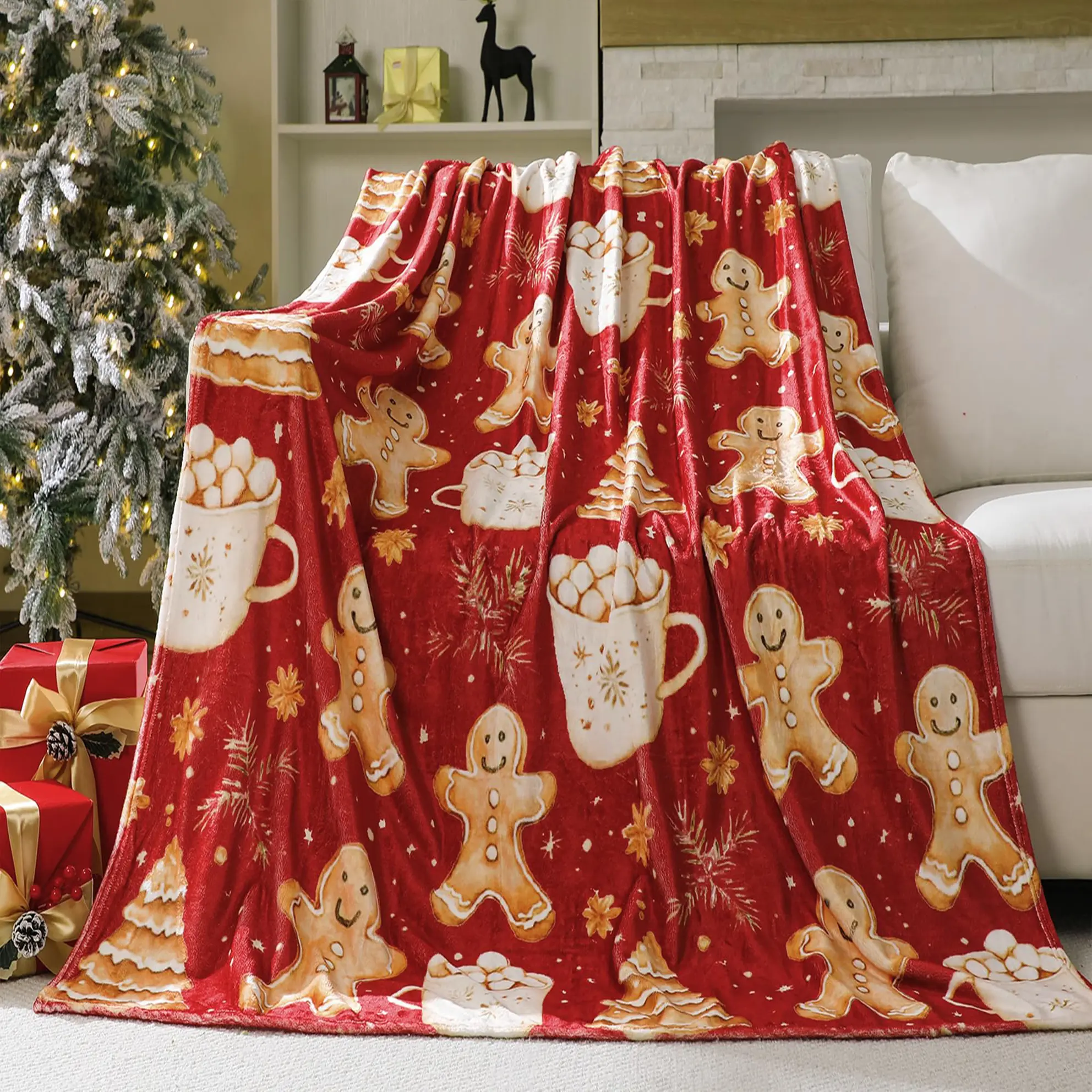 1PC Cartoon Gingerbread Man Christmas Adult Blanket, Holiday Tree and Cookie Theme Flannel Blanket, Suitable for Bedroom, Sofa, Travel, Home Decor, Soft, Comfortable, and Warm, Gift (Red)