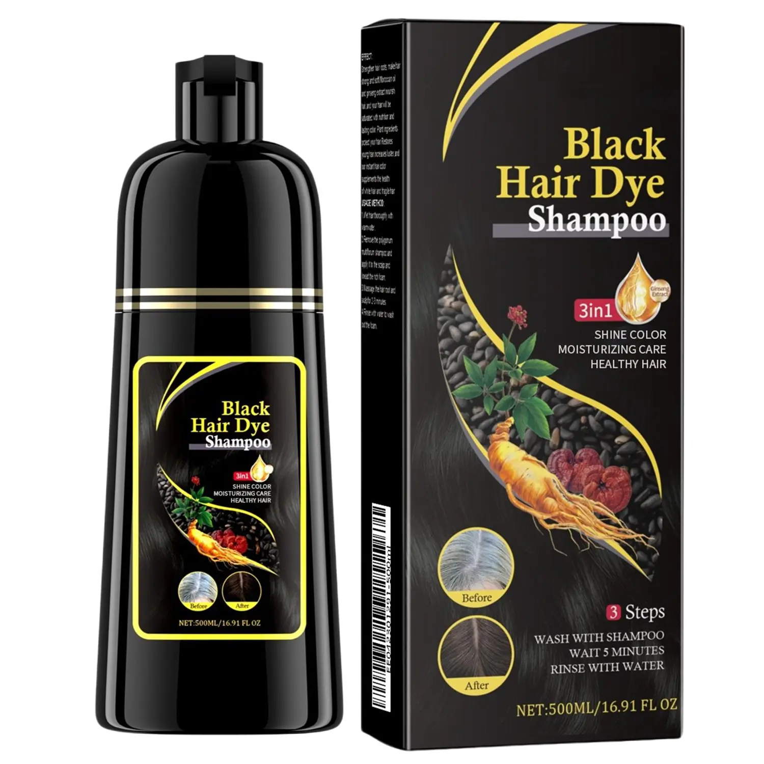 Black Hair Dye Shampoo for Gray Hair, Semi-Permanent Hair Color Shampoo for Women and Men, Herbal Ingredients, 3 in 1 100% Grey Coverage.Lasts 30 Days/500ml/Natural herbal Ingredients conditioner shiny