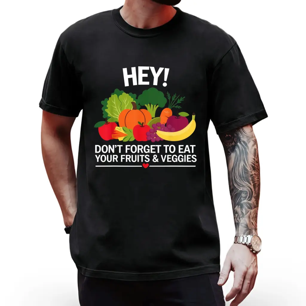 Men's Vegan Graphic T-Shirt - Funny Fruit & Vegetable Print with Don't Forget to Eat Your Fruits & Veggies Slogan, 100% Cotton Lightweight Breathable, Loose Fit Casual & Sporty Crew Neck Tee for Summer Hiking, Gym, Casual Attire
