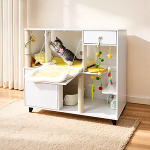 TSYPAIRS 41" Large Cat Litter Box Enclosure Furniture, Hidden Double Cabinet with Built-In Outlet, Multi-Level Cat Villa House