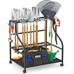 Garden Tool Organizer with Wheels, 3-Tier Yard Tool Storage with Hooks, Heavy Duty Steel Tool Rack Stand for Broom Shovel Long Handled Tools, Garden Tool Holder for Garage Shed Outdoor, Black