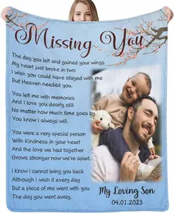 Custom Memorial Blanket with Pictures Words for Loss of Loved Dad Mom Son Daughter Pet Personalized Sympathy Flannel Throw Blanket Grief Remembrance Gift, In Loving Memory Gifts, Made in USA