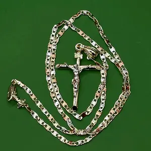 Tricolor 23.3-Inch 3mm Chain & 2-inch Crucifix Copper Gold Plated Casual Necklace Set not water resistant