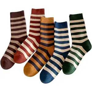 5 Pairs Retro Style Colorful Striped Socks, Cute Athletic Crew socks for Women