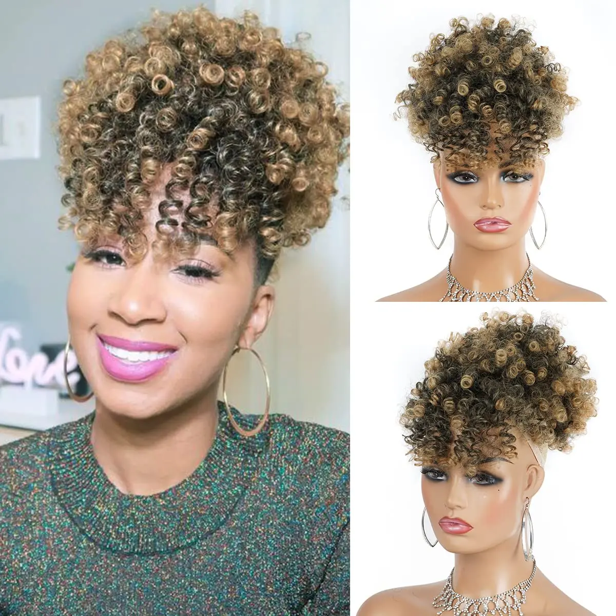 Short Afro Puff Drawstring Ponytail with Clip-in Bangs for Women, Synthetic Kinky Curly Hair Piece, Fluffy Texture (T27), Synthetic Curly Hair, Curly Texture