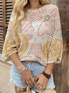 Spring & summer Bohemian Womenswear knit top, round neck, hollow-out batwing sleeves, loose fit. Contrast floral print, lightweight. Suitable for daily, commute, vacation and beach bikini cover-up, casual and elegant.