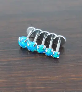 16G-18G-20G 2-4mm Aqua Ocean Aquamarine Blue Opal Stone Threadless 5-10mm Push Pin Triple Helix Nose Ring Earrings Prong Set Cartilage Rings