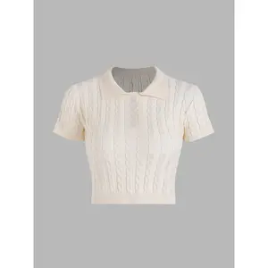Cider [4 colors, size 2-26] Solid Rib Knit Polo Crop Top
