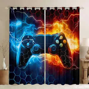 Blue Red Gamer Blankout Curtains,Honeycomb Gaming Darkening Drapes, Lightning Gamepad Window Curtains,Game Room Decor Window Treatments