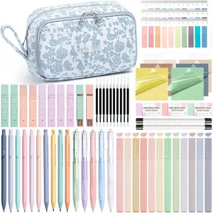 62 count Aesthetic School Supplies, Cute  to School Supplies College Essentials Preppy Stationary Set with Large Pencil Pouch Case, Pastel Highlighters Gel Pens Mechanical Pencils for Student Girls