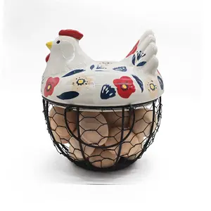 Farmhouse Ceramic Chicken Egg Basket with Metal Wire & Lid, Multi-Functional Decorative Kitchen Storage Container for Eggs, Fruits, Vegetables, Grains, Multi-Grid Rotating Food Storage Organizer Bin & Meal Prep Container, Handwoven