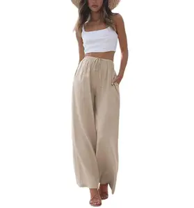 Women's Cotton Linen Summer Palazzo Pants Flowy Wide Leg Beach Trousers with Pockets