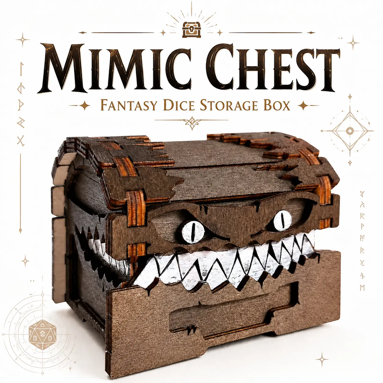 Wooden Mimic Chest Dice Box for DND RPG TTRPG, Fantasy Tabletop Game Dice Storage Organizer, Creative Monster Treasure Chest Gift for Gamers
