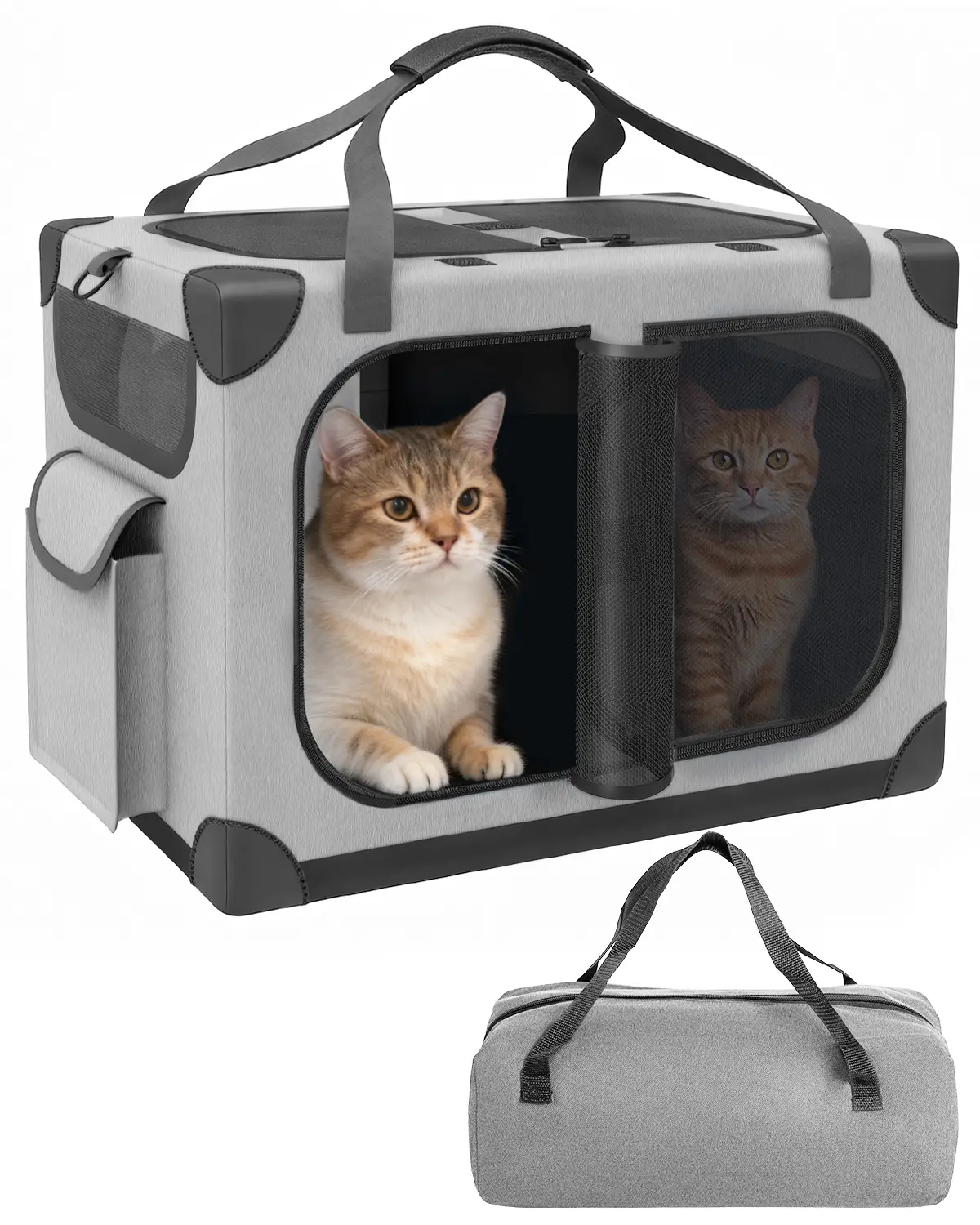 Extra Large Soft-Sided Animal Carrier for 2 Large Cats - 24"x17"x17" Foldable Travel Crate with Removable Divider for Privacy, Storage Tote, Secure Car Straps, Sturdy Metal Zip for Car & Home Use